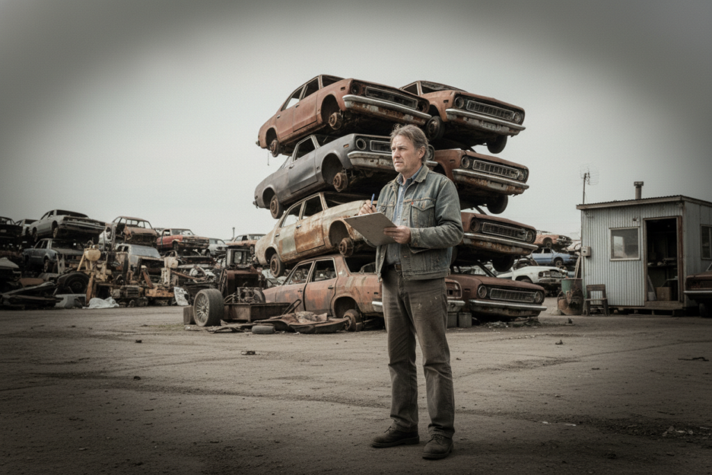 professional_photo_of_a_person_in_a_salvage_yard_holding_a_clipboard_looking_at